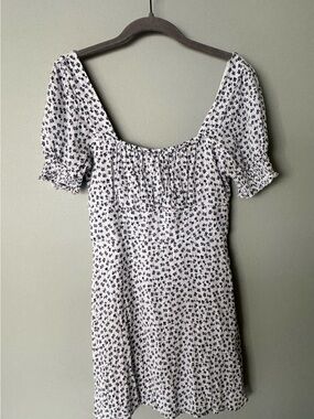White Mini Dress with Navy Floral Print and Square Neck